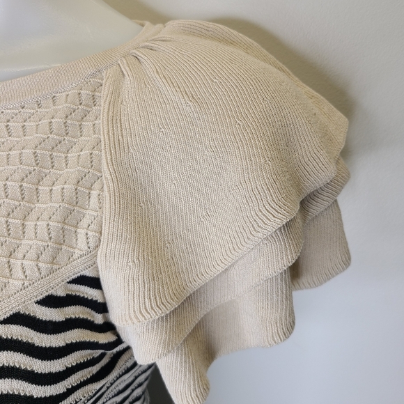 Express Striped Ruffle Flutter Sleeve Knit Top Sweater Black Sandshell Beige XS - Picture 7 of 13